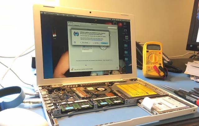 Photo of a MacBook booting up after main logic board replacement